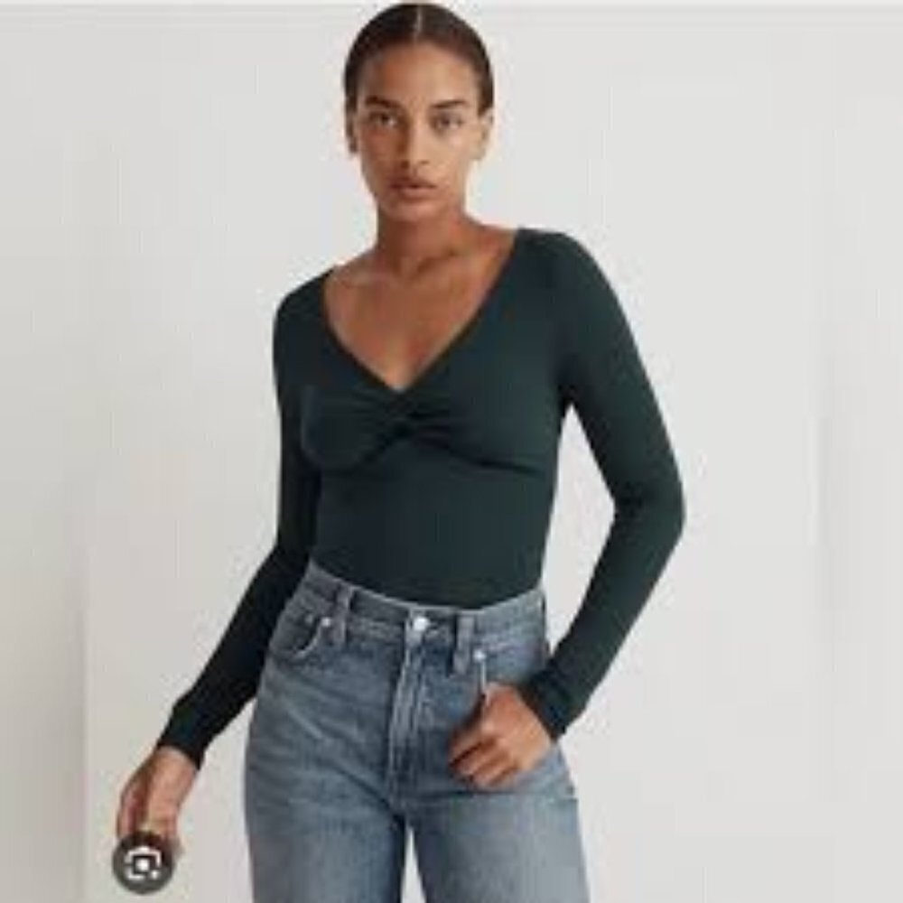 Madewell Hunter Green Twist Front Long Sleeve Tencel Jersey Knit Xxs Shirt Nwt